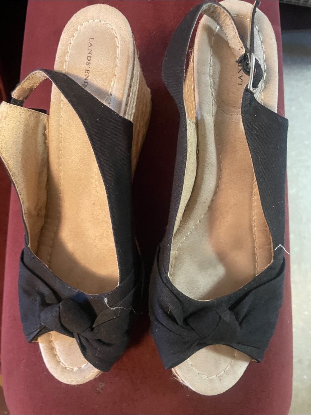Lands' End Black Knotted Slingback Wedge Sandals
